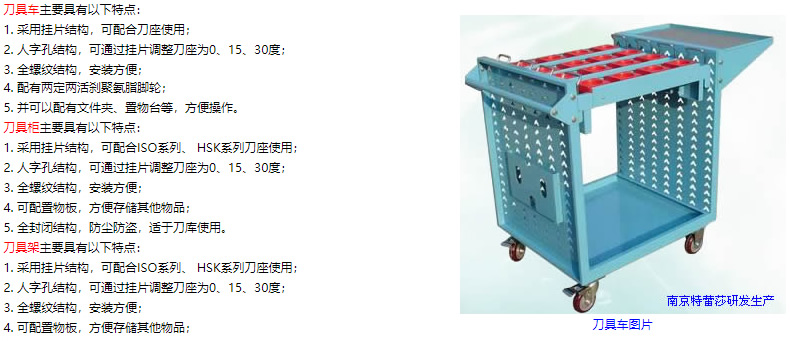 刀具車主要具有以下特點： 1. 采用掛片結(jié)構(gòu)，可配合刀座使用； 2. 人字孔結(jié)構(gòu)，可通過掛片調(diào)整刀座為0、15、30度； 3. 全螺紋結(jié)構(gòu)，安裝方便； 4. 配有兩定兩活剎聚氨脂腳輪； 5. 并可以配有文件夾、置物臺等，方便操作。 刀具柜主要具有以下特點： 1. 采用掛片結(jié)構(gòu)，可配合ISO系列、 HSK系列刀座使用； 2. 人字孔結(jié)構(gòu)，可通過掛片調(diào)整刀座為0、15、30度； 3. 全螺紋結(jié)構(gòu)，安裝方便； 4. 可配置物板，方便存儲其他物品； 5. 全封閉結(jié)構(gòu)，防塵防盜，適于刀庫使用。 刀具架主要具有以下特點： 1. 采用掛片結(jié)構(gòu)，可配合ISO系列、 HSK系列刀座使用； 2. 人字孔結(jié)構(gòu)，可通過掛片調(diào)整刀座為0、15、30度； 3. 全螺紋結(jié)構(gòu)，安裝方便； 4. 可配置物板，方便存儲其他物品；